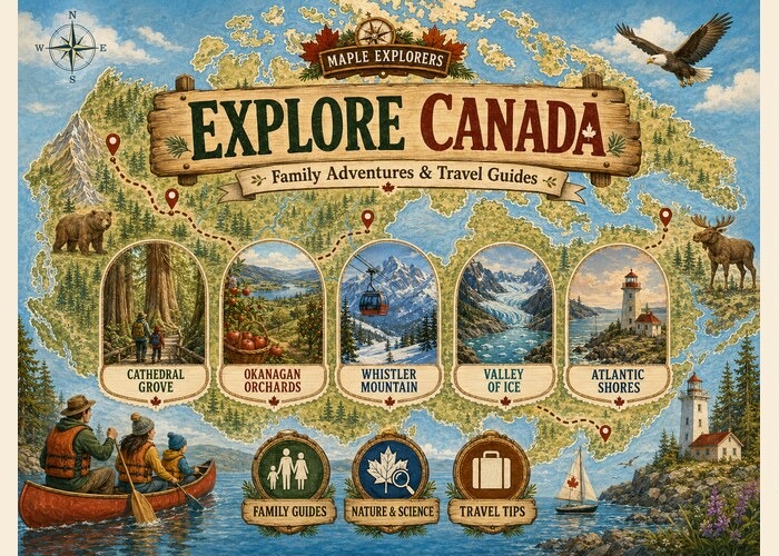 Illustrated Explore Canada map with family guides, nature and science, travel tips, and destinations across Canada