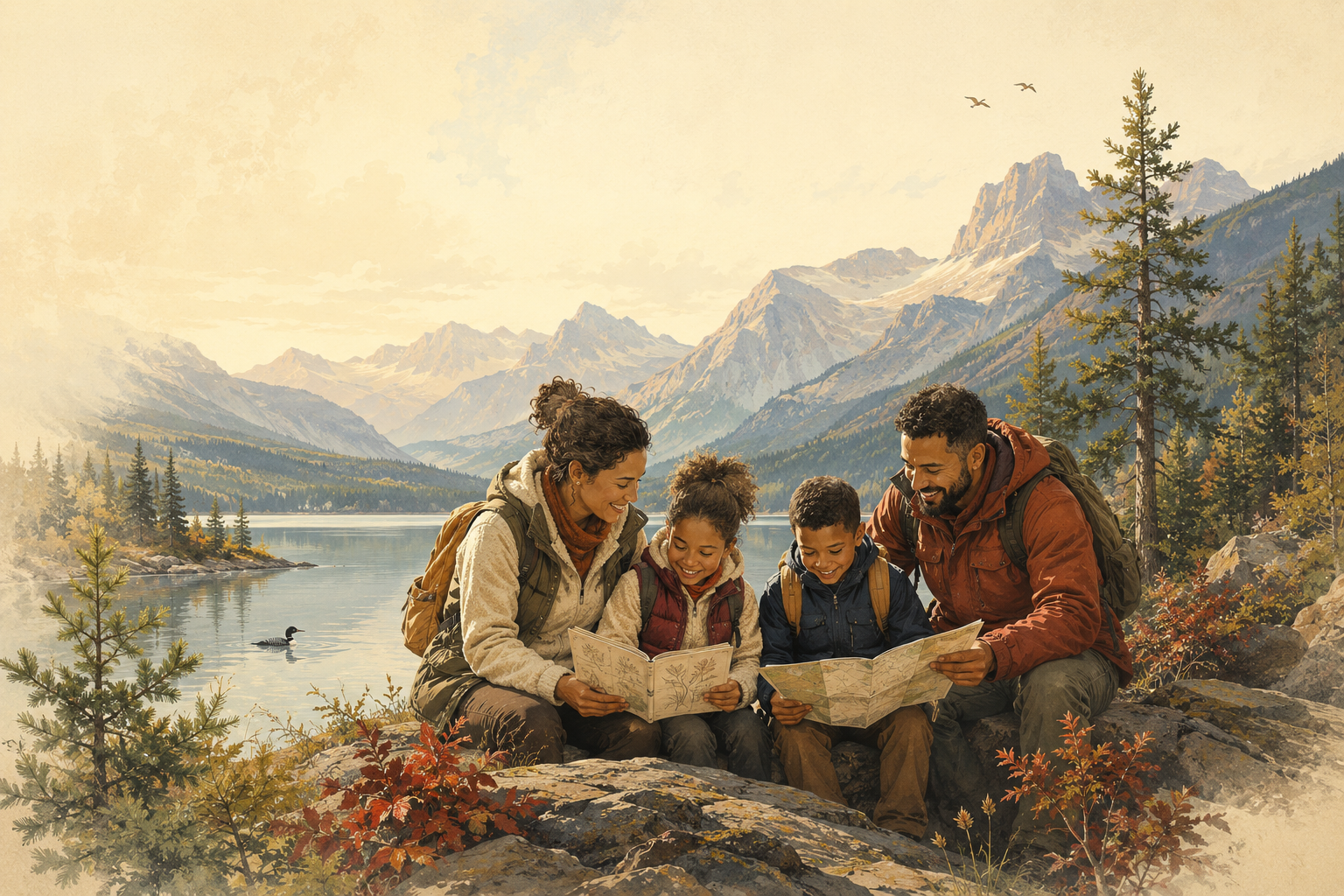A family exploring a Canadian mountain landscape together